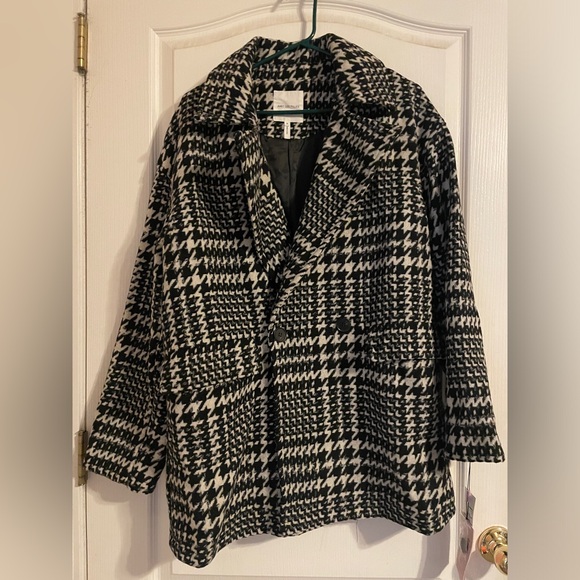 NWT Avec Les Filles Black White Plaid Houndstooth Pea Coat Small Career Preppy - Picture 2 of 9
